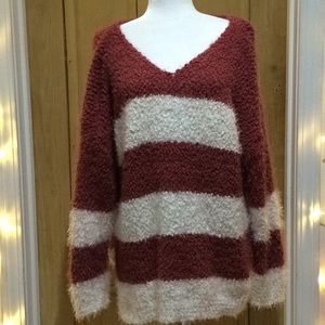 Oversized Fuzzy Striped V-Neck Sweater